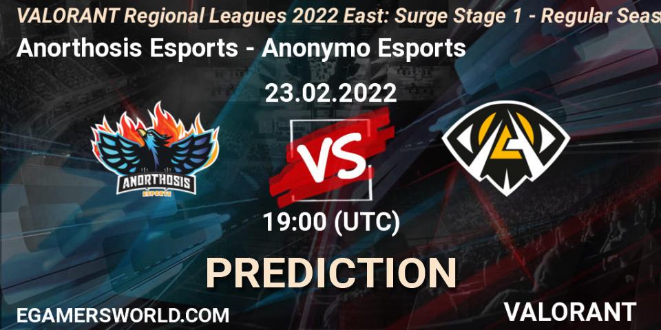 Anorthosis Esports vs Anonymo Esports: Betting TIp, Match Prediction. 23.02.22. VALORANT, VALORANT Regional Leagues 2022 East: Surge Stage 1 - Regular Season