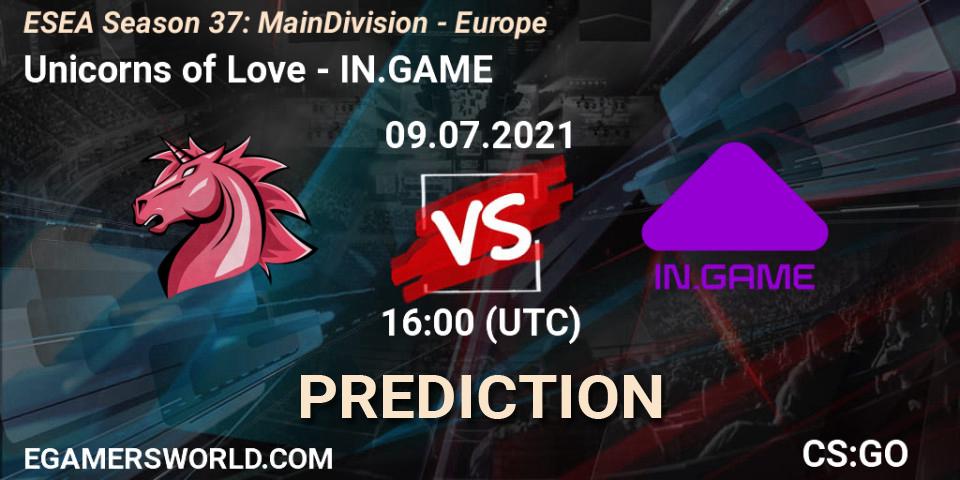 Unicorns of Love vs IN.GAME: Betting TIp, Match Prediction. 09.07.2021 at 16:00. Counter-Strike (CS2), ESEA Season 37: Main Division - Europe