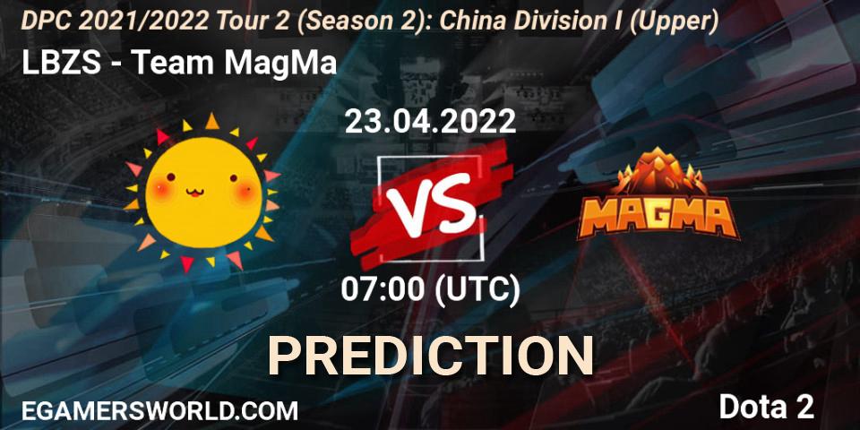 LBZS vs Team MagMa: Betting TIp, Match Prediction. 23.04.2022 at 06:57. Dota 2, DPC 2021/2022 Tour 2 (Season 2): China Division I (Upper)