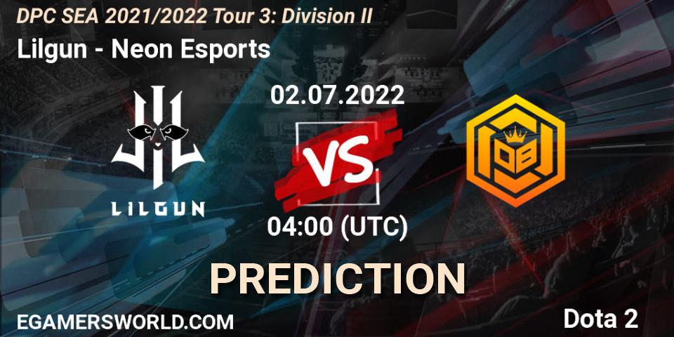 Lilgun vs Neon Esports: Betting TIp, Match Prediction. 02.07.2022 at 04:02. Dota 2, DPC SEA 2021/2022 Tour 3: Division II