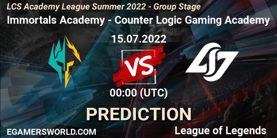 Immortals Academy vs Counter Logic Gaming Academy: Betting TIp, Match Prediction. 15.07.2022 at 00:00. LoL, LCS Academy League Summer 2022 - Group Stage