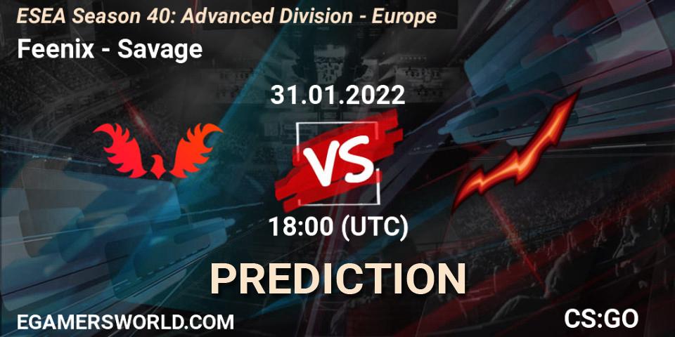 Feenix vs Savage: Betting TIp, Match Prediction. 31.01.2022 at 18:00. Counter-Strike (CS2), ESEA Season 40: Advanced Division - Europe