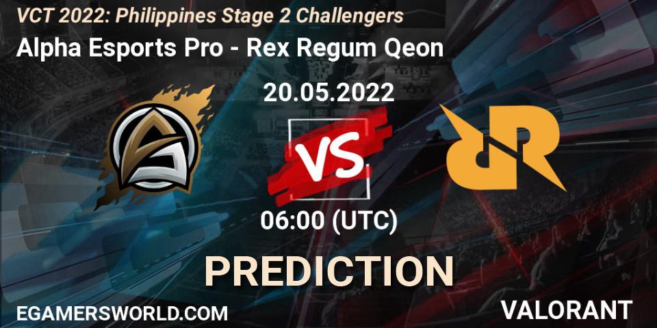 Alpha Esports Pro vs Rex Regum Qeon: Betting TIp, Match Prediction. 20.05.2022 at 06:00. VALORANT, VCT 2022: Philippines Stage 2 Challengers