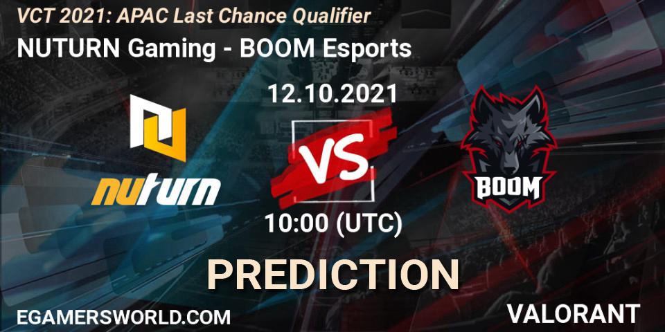 NUTURN Gaming vs BOOM Esports: Betting TIp, Match Prediction. 12.10.2021 at 11:00. VALORANT, VCT 2021: APAC Last Chance Qualifier
