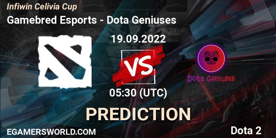 Gamebred Esports vs Dota Geniuses: Betting TIp, Match Prediction. 19.09.2022 at 05:29. Dota 2, Infiwin Celivia Cup 