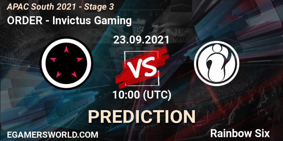 ORDER vs Invictus Gaming: Betting TIp, Match Prediction. 23.09.2021 at 10:30. Rainbow Six, APAC South 2021 - Stage 3