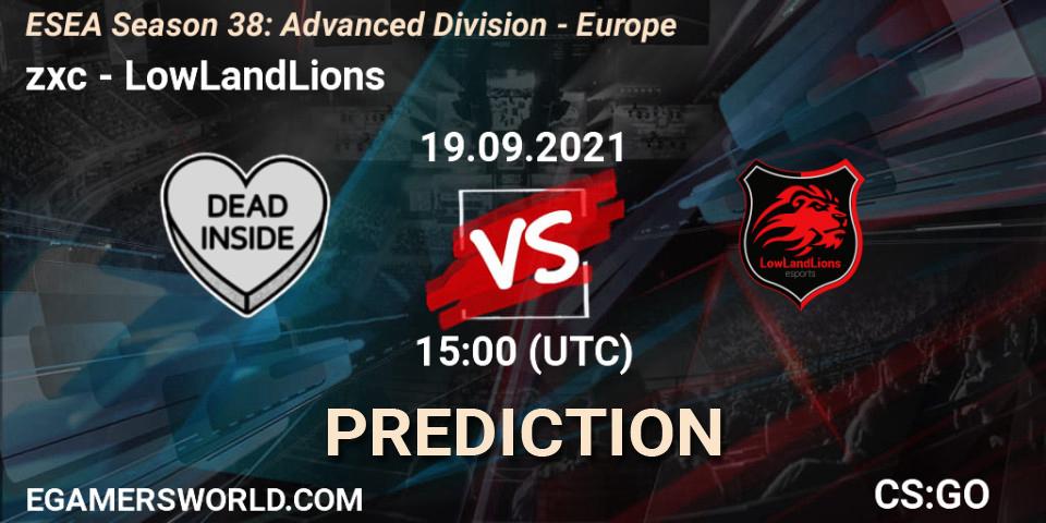 zxc vs LowLandLions: Betting TIp, Match Prediction. 19.09.2021 at 15:00. Counter-Strike (CS2), ESEA Season 38: Advanced Division - Europe