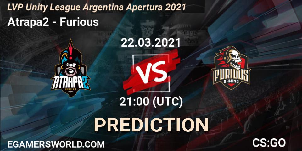 Atrapa2 vs Furious: Betting TIp, Match Prediction. 22.03.2021 at 21:00. Counter-Strike (CS2), LVP Unity League Argentina Apertura 2021