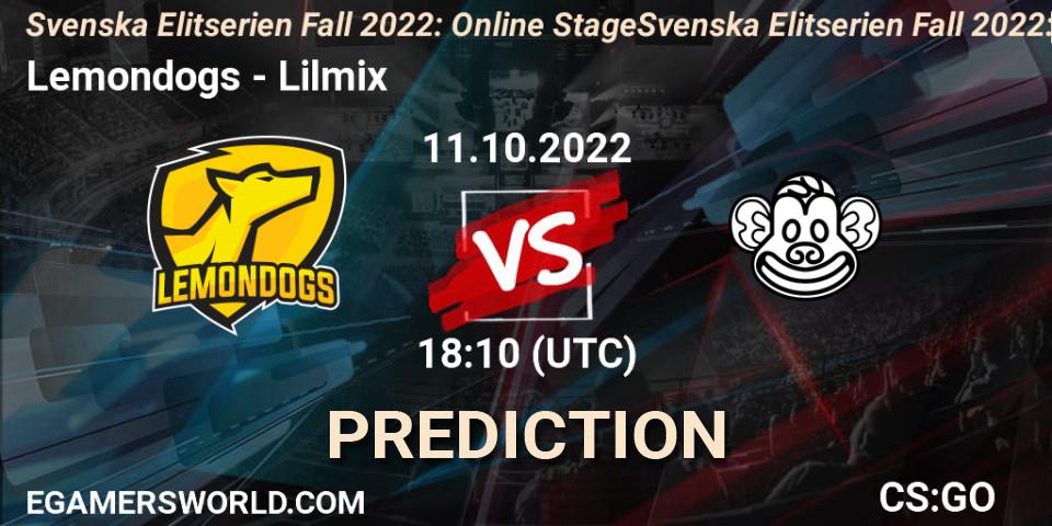 Lemondogs vs Lilmix: Betting TIp, Match Prediction. 11.10.2022 at 18:10. Counter-Strike (CS2), Svenska Elitserien Fall 2022