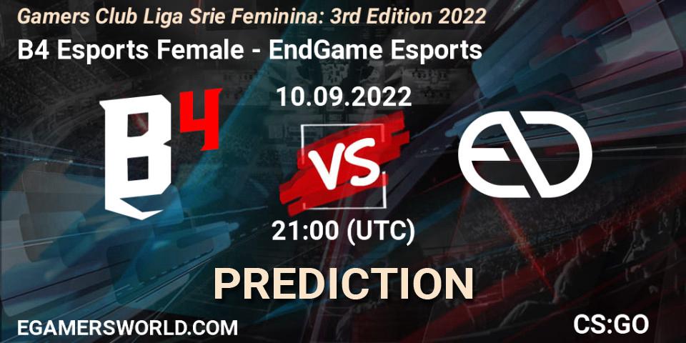 B4 Esports Female vs EndGame Esports: Betting TIp, Match Prediction. 10.09.2022 at 21:00. Counter-Strike (CS2), Gamers Club Liga Série Feminina: 3rd Edition 2022