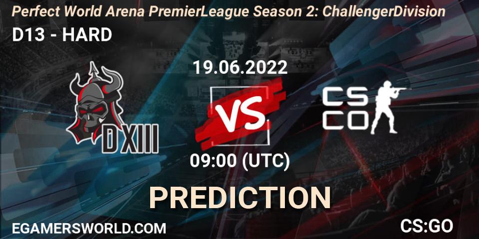 D13 vs HARD: Betting TIp, Match Prediction. 19.06.2022 at 09:00. Counter-Strike (CS2), Perfect World Arena Premier League Season 2: Challenger Division
