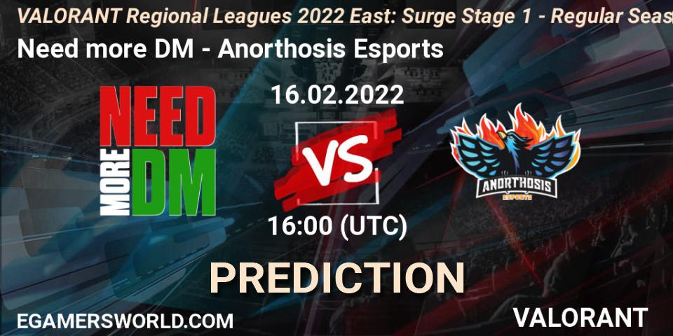 Need more DM vs Anorthosis Esports: Betting TIp, Match Prediction. 16.02.2022 at 16:00. VALORANT, VALORANT Regional Leagues 2022 East: Surge Stage 1 - Regular Season