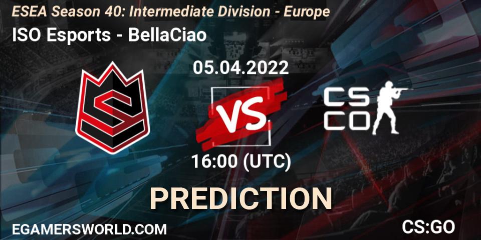 ISO Esports vs BellaCiao: Betting TIp, Match Prediction. 05.04.2022 at 16:00. Counter-Strike (CS2), ESEA Season 40: Intermediate Division - Europe