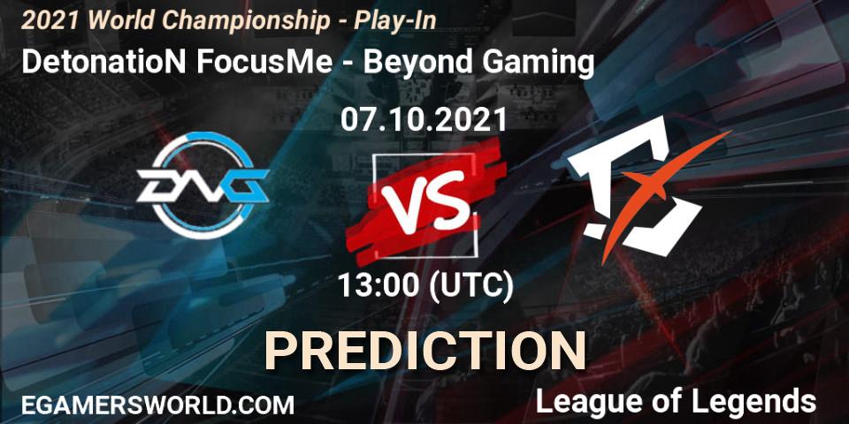 DetonatioN FocusMe vs Beyond Gaming: Betting TIp, Match Prediction. 07.10.2021 at 13:00. LoL, 2021 World Championship - Play-In