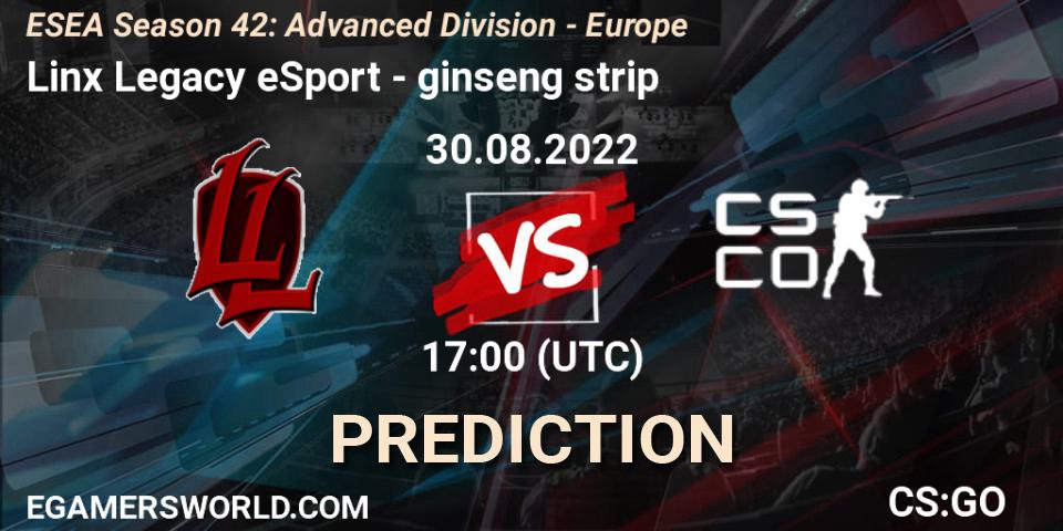 Linx Legacy eSport vs ginseng strip: Betting TIp, Match Prediction. 30.08.2022 at 17:00. Counter-Strike (CS2), ESEA Season 42: Advanced Division - Europe