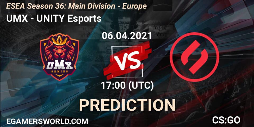 UMX vs UNITY Esports: Betting TIp, Match Prediction. 06.04.2021 at 17:00. Counter-Strike (CS2), ESEA Season 36: Main Division - Europe