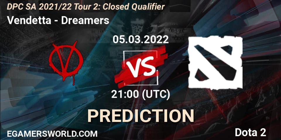 Vendetta vs Dreamers: Betting TIp, Match Prediction. 05.03.2022 at 21:03. Dota 2, DPC SA 2021/22 Tour 2: Closed Qualifier