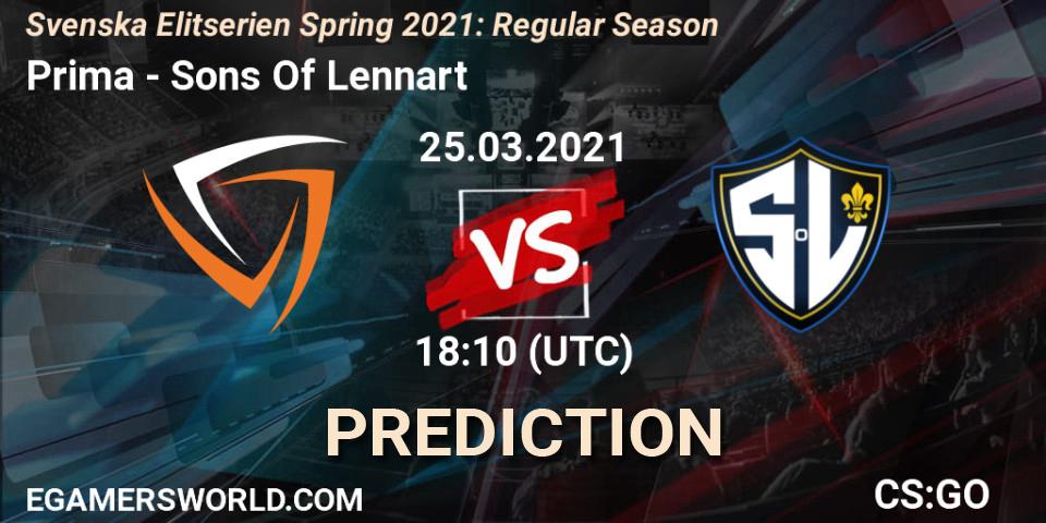 Prima vs Sons Of Lennart: Betting TIp, Match Prediction. 25.03.2021 at 18:10. Counter-Strike (CS2), Svenska Elitserien Spring 2021: Regular Season