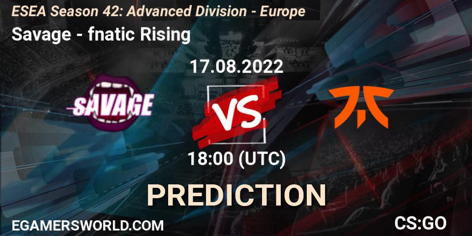 Savage vs fnatic Rising: Betting TIp, Match Prediction. 17.08.2022 at 18:00. Counter-Strike (CS2), ESEA Season 42: Advanced Division - Europe