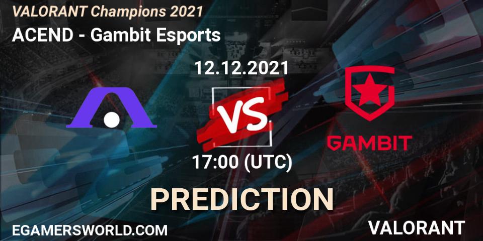 ACEND vs Gambit Esports: Betting TIp, Match Prediction. 12.12.2021 at 17:30. VALORANT, VALORANT Champions 2021