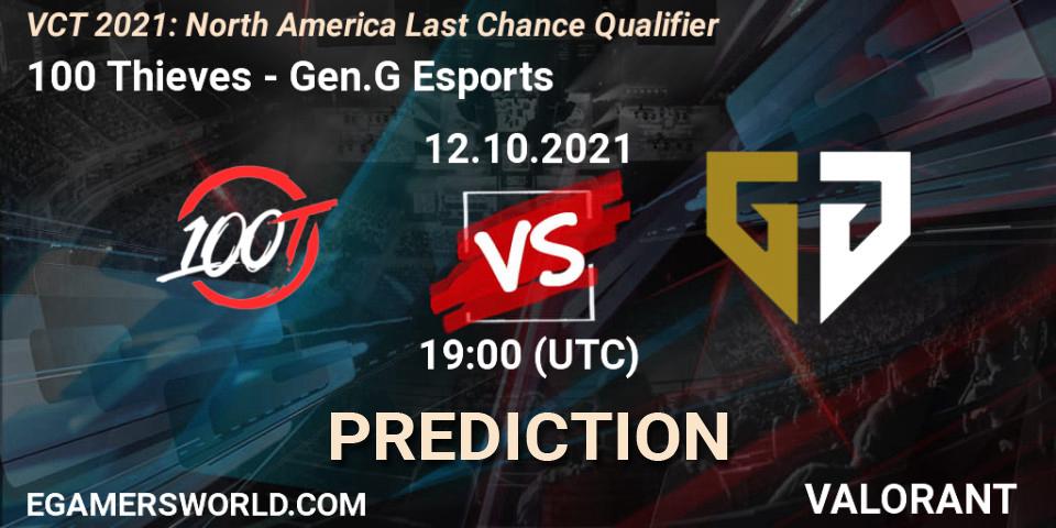 100 Thieves vs Gen.G Esports: Betting TIp, Match Prediction. 12.10.2021 at 19:00. VALORANT, VCT 2021: North America Last Chance Qualifier