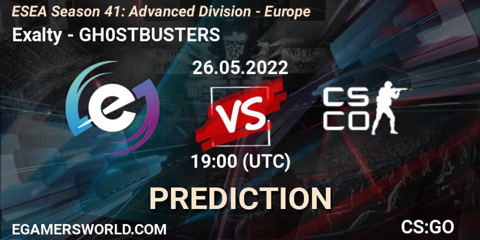 Exalty vs GH0STBUSTERS: Betting TIp, Match Prediction. 26.05.2022 at 19:00. Counter-Strike (CS2), ESEA Season 41: Advanced Division - Europe