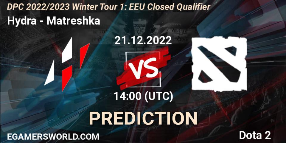 Hydra vs Matreshka: Betting TIp, Match Prediction. 21.12.2022 at 12:55. Dota 2, DPC 2022/2023 Winter Tour 1: EEU Closed Qualifier