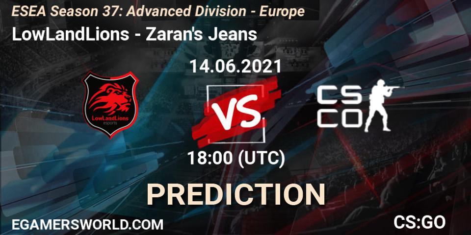 LowLandLions vs Zaran's Jeans: Betting TIp, Match Prediction. 14.06.2021 at 18:00. Counter-Strike (CS2), ESEA Season 37: Advanced Division - Europe