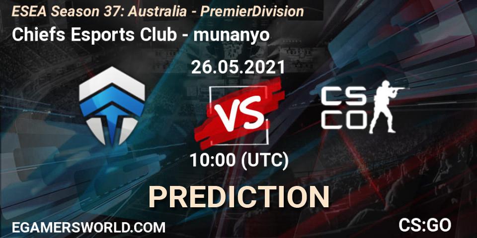 Chiefs Esports Club vs munanyo: Betting TIp, Match Prediction. 26.05.2021 at 10:00. Counter-Strike (CS2), ESEA Season 37: Australia - Premier Division