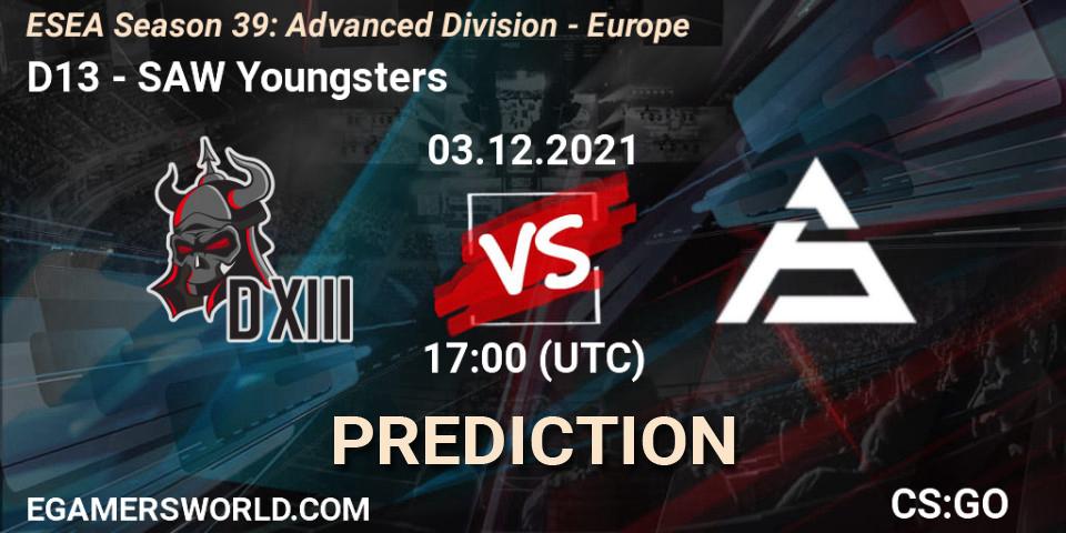 D13 vs SAW Youngsters: Betting TIp, Match Prediction. 03.12.2021 at 17:00. Counter-Strike (CS2), ESEA Season 39: Advanced Division - Europe