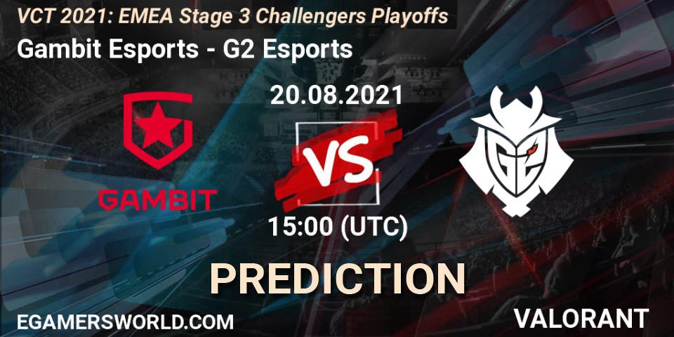 Gambit Esports vs G2 Esports: Betting TIp, Match Prediction. 20.08.2021 at 15:00. VALORANT, VCT 2021: EMEA Stage 3 Challengers Playoffs