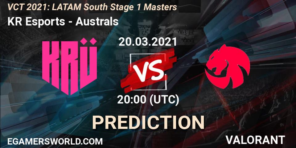 KRÜ Esports vs Australs: Betting TIp, Match Prediction. 20.03.2021 at 20:00. VALORANT, VCT 2021: LATAM South Stage 1 Masters