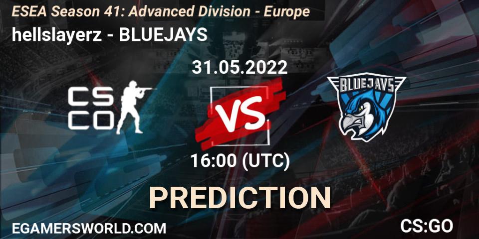 hellslayerz vs BLUEJAYS: Betting TIp, Match Prediction. 31.05.2022 at 16:00. Counter-Strike (CS2), ESEA Season 41: Advanced Division - Europe