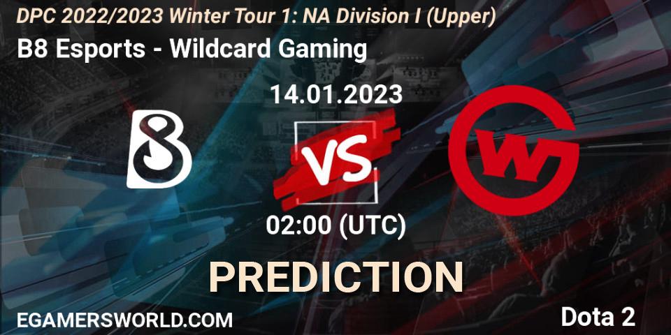 B8 Esports vs Wildcard Gaming: Betting TIp, Match Prediction. 14.01.2023 at 01:52. Dota 2, DPC 2022/2023 Winter Tour 1: NA Division I (Upper)