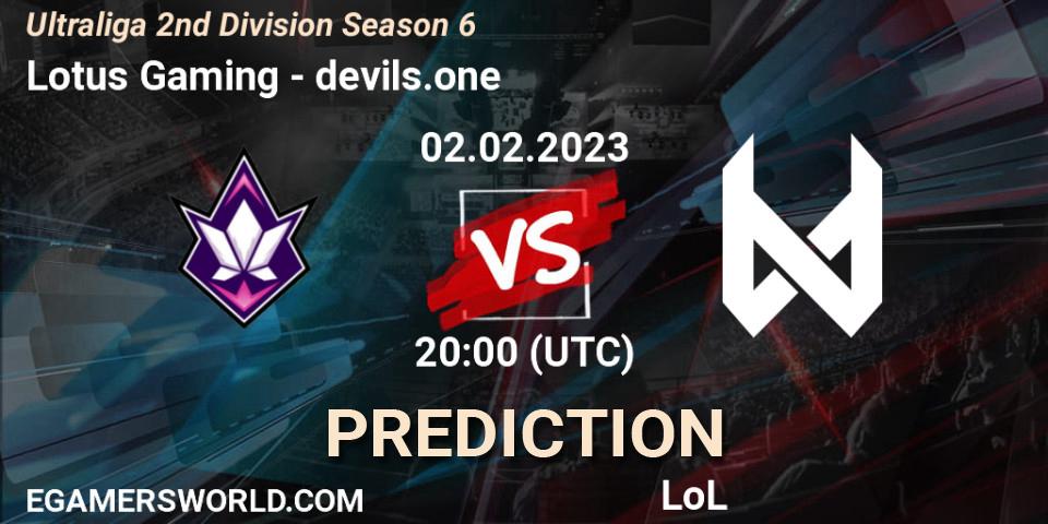 Lotus Gaming vs devils.one: Betting TIp, Match Prediction. 02.02.2023 at 20:00. LoL, Ultraliga 2nd Division Season 6
