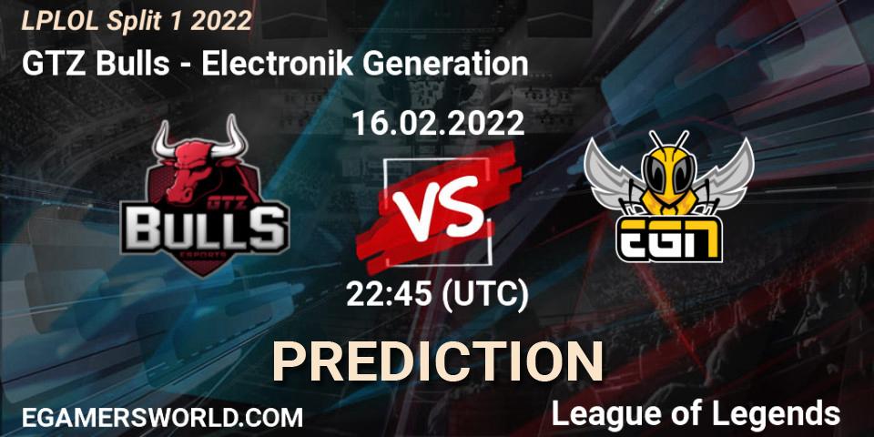 GTZ Bulls vs Electronik Generation: Betting TIp, Match Prediction. 16.02.2022 at 22:45. LoL, LPLOL Split 1 2022