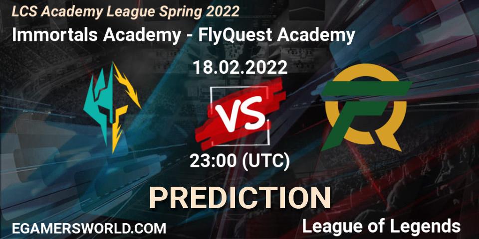 Immortals Academy vs FlyQuest Academy: Betting TIp, Match Prediction. 18.02.2022 at 22:55. LoL, LCS Academy League Spring 2022
