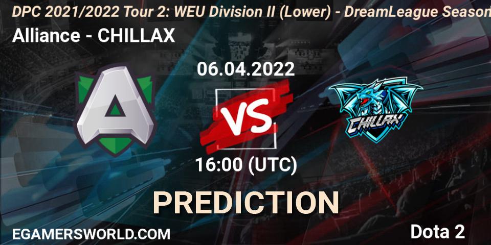 Alliance vs CHILLAX: Betting TIp, Match Prediction. 06.04.2022 at 15:55. Dota 2, DPC 2021/2022 Tour 2: WEU Division II (Lower) - DreamLeague Season 17
