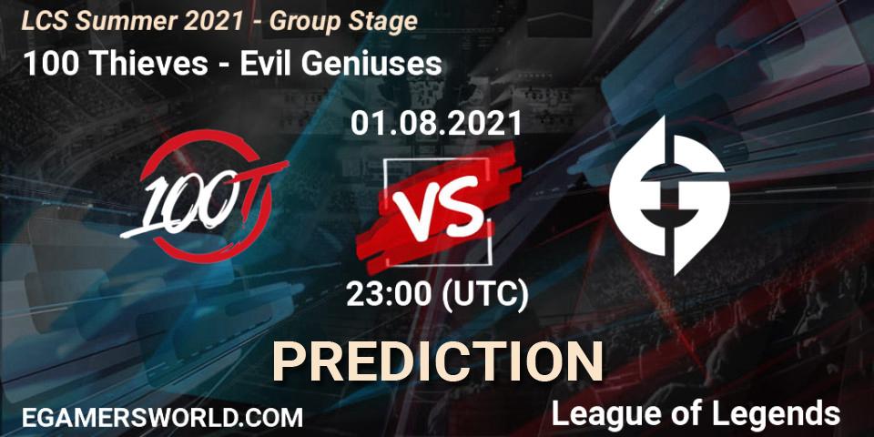 100 Thieves vs Evil Geniuses: Betting TIp, Match Prediction. 01.08.2021 at 23:00. LoL, LCS Summer 2021 - Group Stage