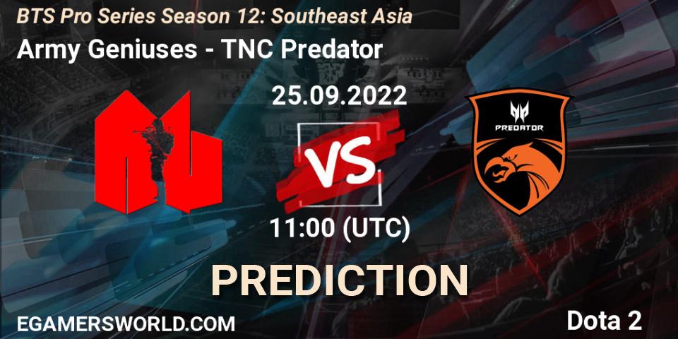 Army Geniuses vs TNC Predator: Betting TIp, Match Prediction. 25.09.2022 at 10:53. Dota 2, BTS Pro Series Season 12: Southeast Asia