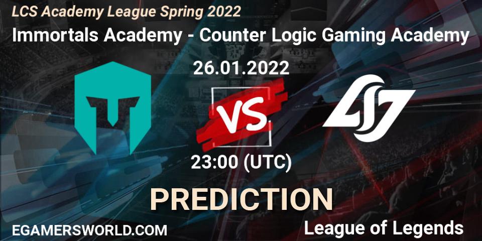 Immortals Academy vs Counter Logic Gaming Academy: Betting TIp, Match Prediction. 26.01.2022 at 23:00. LoL, LCS Academy League Spring 2022