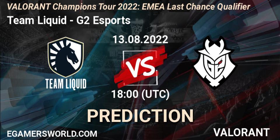 Team Liquid vs G2 Esports: Betting TIp, Match Prediction. 13.08.2022 at 18:10. VALORANT, VCT 2022: EMEA Last Chance Qualifier