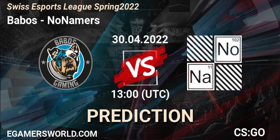 Babos vs NoNamers: Betting TIp, Match Prediction. 30.04.2022 at 13:00. Counter-Strike (CS2), Swiss Esports League Spring 2022