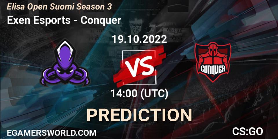 Exen Esports vs Conquer: Betting TIp, Match Prediction. 19.10.2022 at 14:00. Counter-Strike (CS2), Elisa Open Suomi Season 3