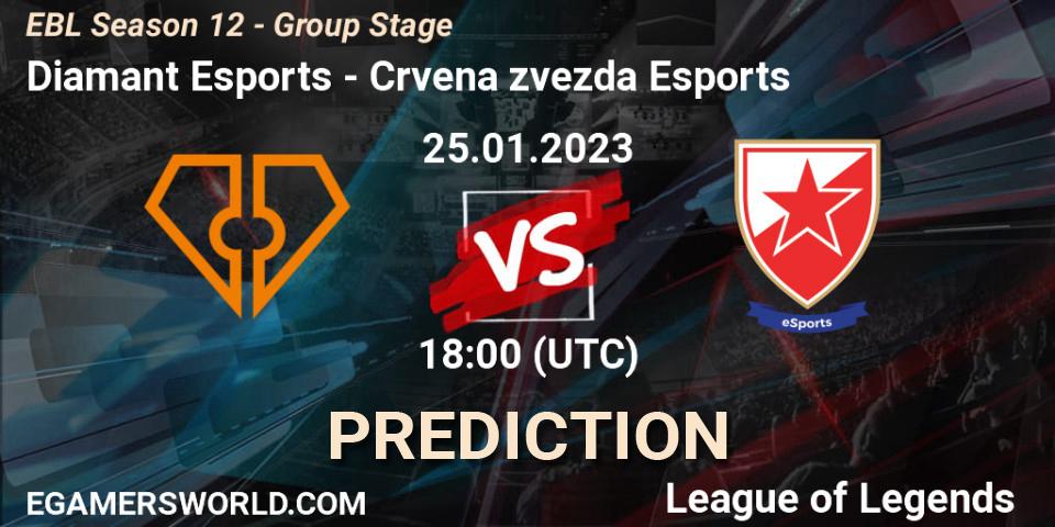 Diamant Esports vs Crvena zvezda Esports: Betting TIp, Match Prediction. 25.01.2023 at 18:00. LoL, EBL Season 12 - Group Stage