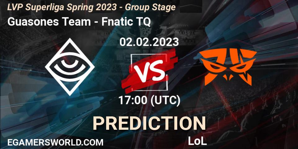 Guasones Team vs Fnatic TQ: Betting TIp, Match Prediction. 02.02.2023 at 17:00. LoL, LVP Superliga Spring 2023 - Group Stage