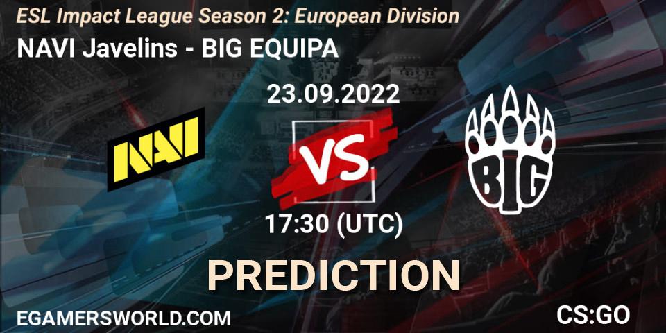 NAVI Javelins vs BIG EQUIPA: Betting TIp, Match Prediction. 23.09.2022 at 17:30. Counter-Strike (CS2), ESL Impact League Season 2: European Division