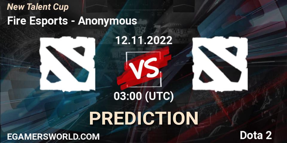 Fire Esports vs Anonymous: Betting TIp, Match Prediction. 12.11.2022 at 03:00. Dota 2, New Talent Cup