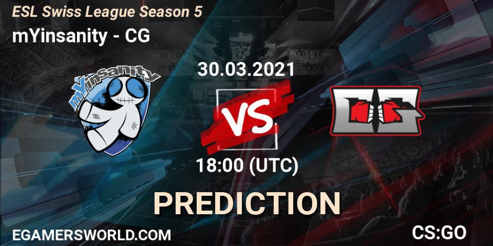 mYinsanity vs CG: Betting TIp, Match Prediction. 30.03.2021 at 18:00. Counter-Strike (CS2), ESL Swiss League Season 5