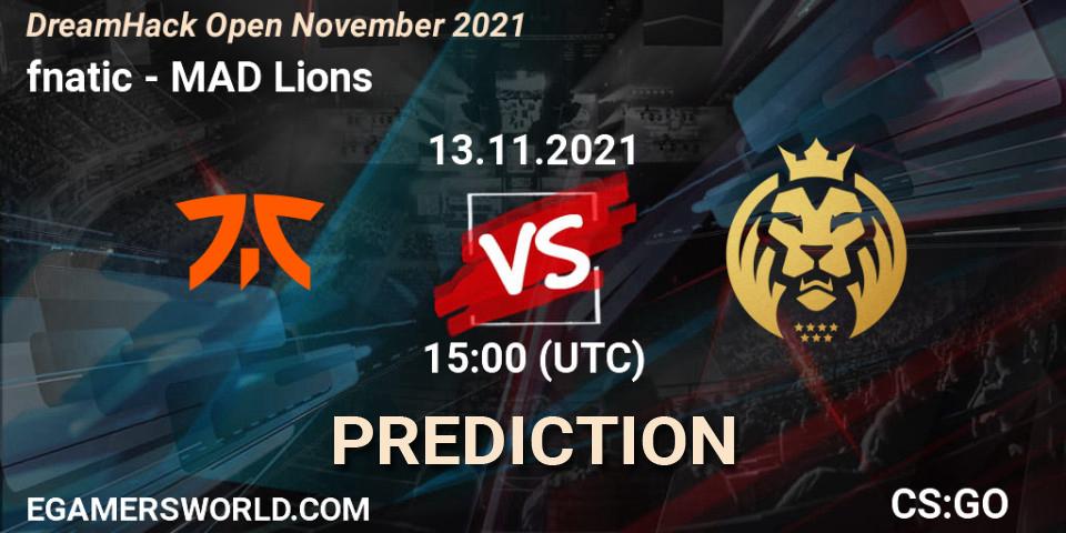 fnatic vs MAD Lions: Betting TIp, Match Prediction. 13.11.2021 at 15:00. Counter-Strike (CS2), DreamHack Open November 2021